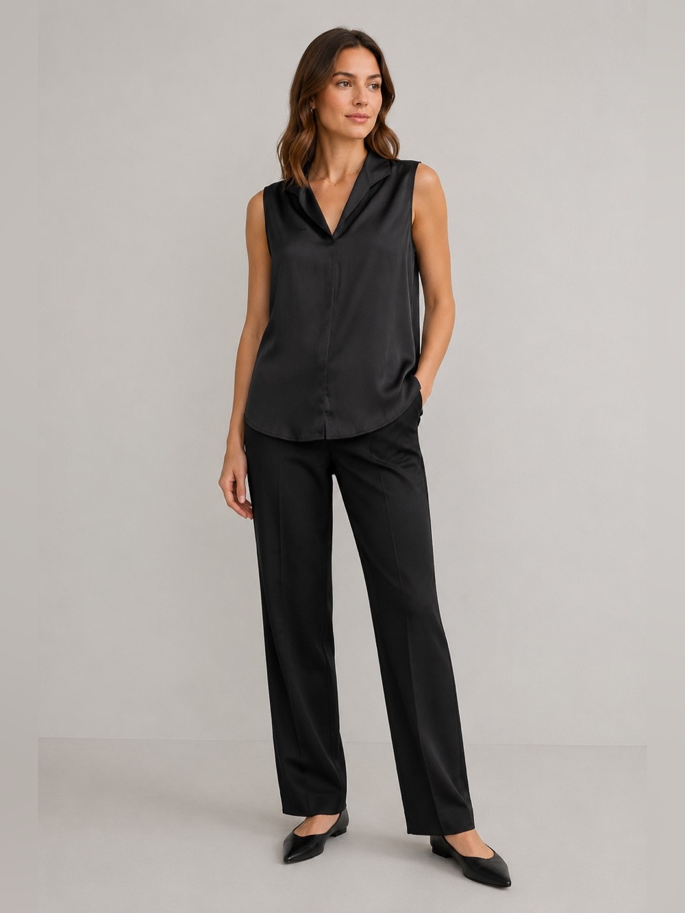 NWT Whiteroom + Cactus Black Satin V-Neck Sleeveless Blouse Medium